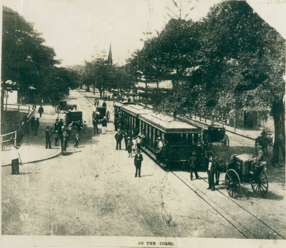 Steam tram, The Corso, Manly, 1908