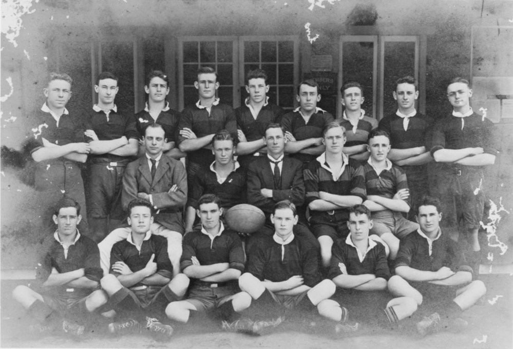 Group portrait of North Manly Rugby Union Football Club, taken in front of a clubhouse, 1923