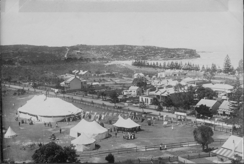 Elevated view north to Queenscliff, over the Salvation Army Camp at Farrell's Paddock, Manly, January 3, 1898