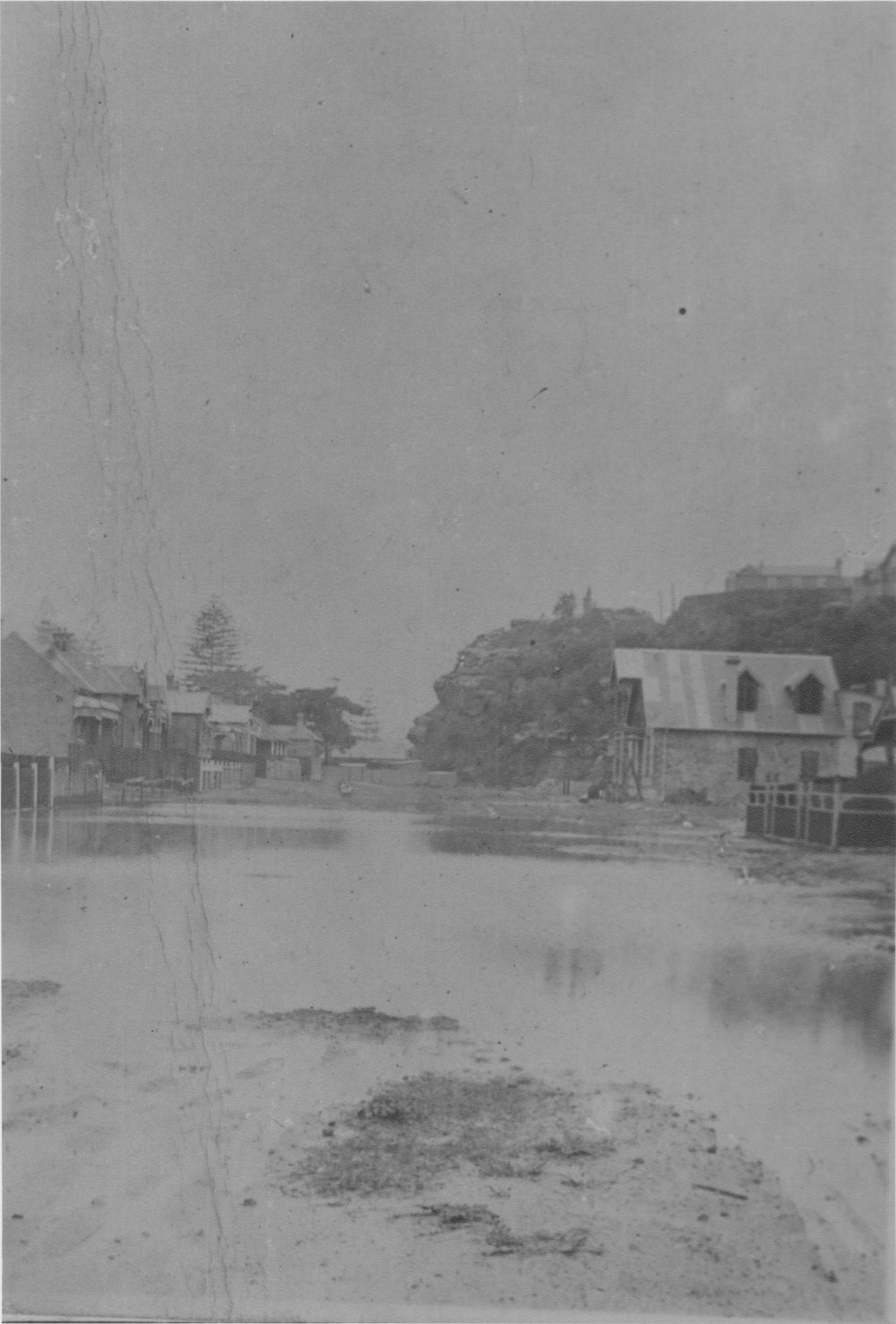 Flooded street with houses, Manly Floods (?), c1880