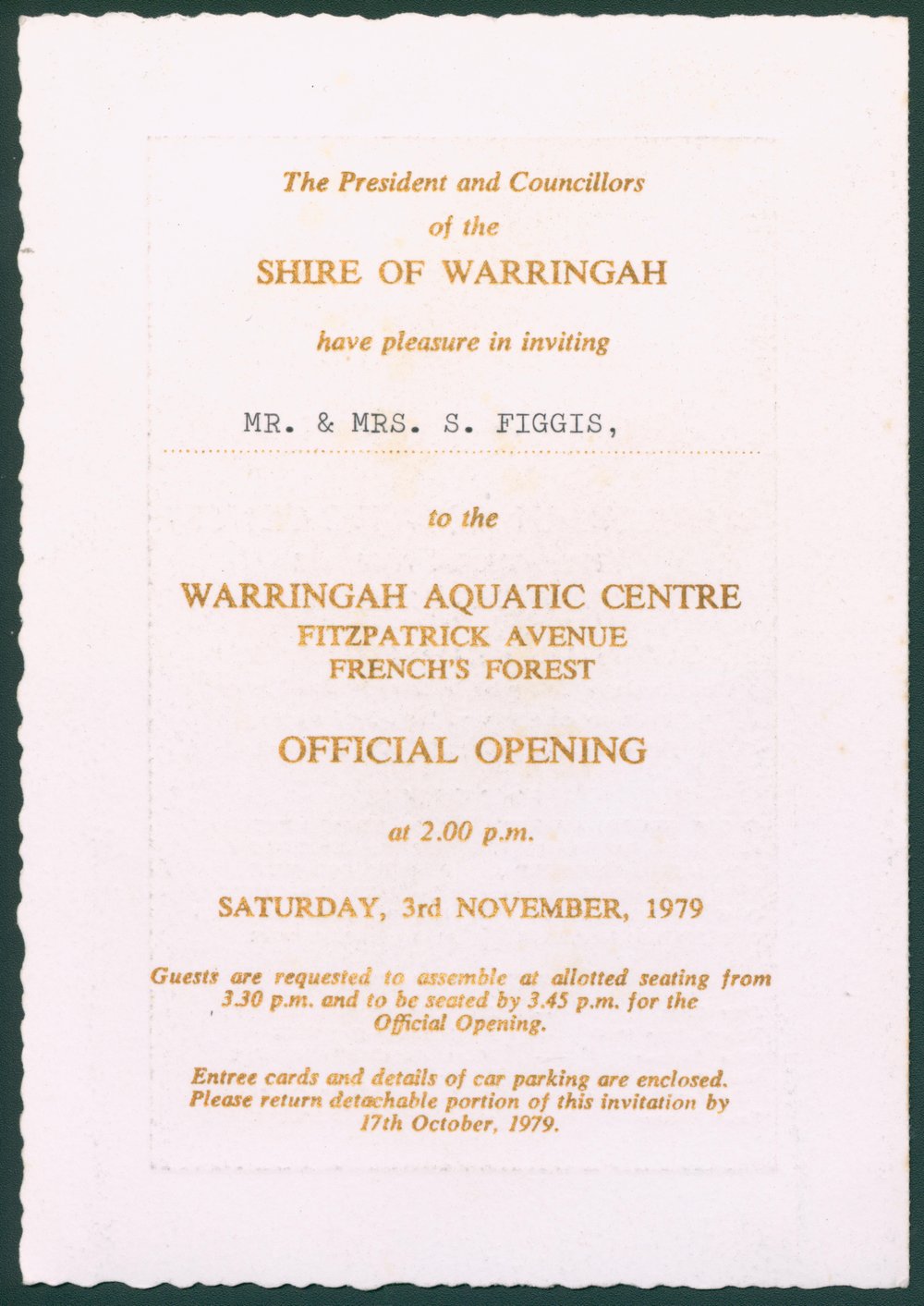 The Warringah Aquatic Centre invitation for the official opening on 3rd November 1979