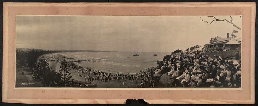 Panoramic view of Manly Beach during the world's first surf carnival, Manly, 25 January 1908