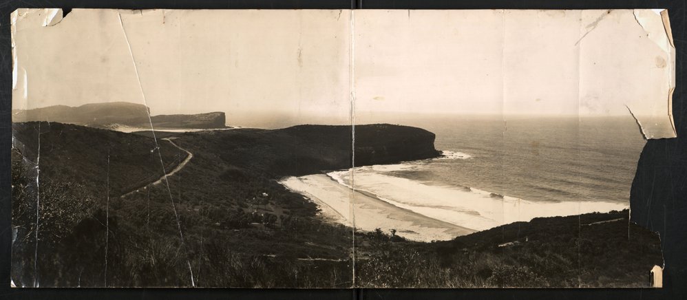 Panoramic view facing north, over Bilgola Beach to Avalon Beach and Bangalley Head, Bilgola, c1915