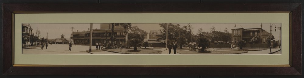 Panoramic view of Manly Wharf, The Corso, and Belgrave Street, Manly, c1919