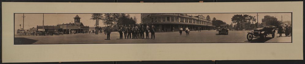 Panoramic view capturing a day in Manly, showing Manly Wharf, West Esplanade and Belgrave Street, Manly, c1924