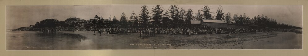 Panoramic view of Manly Beach during a surf carnival, Manly, January 11, 1913
