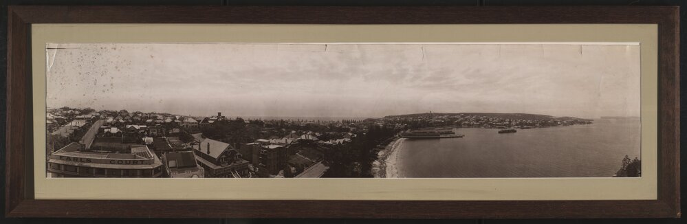 Panoramic view facing east to North Head, of Manly and Manly Cove from atop a building in Commonwealth Parade, c1920s