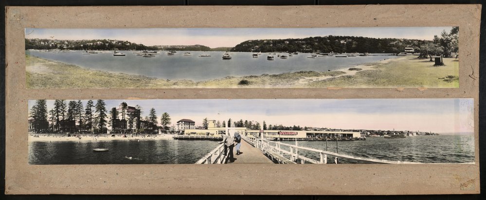 Panoramic view of The Spit, top, and Manly Wharf, Manly, below, facing west, hand coloured,1950
