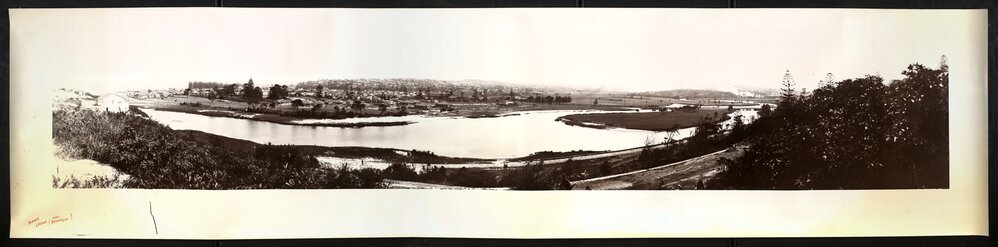 Panoramic view over Manly Lagoon, showing the construction of Aitken Avenue, Manly, c1929