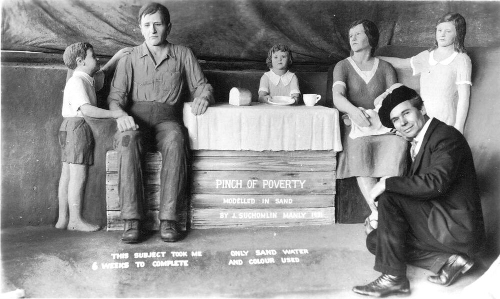 John Suchomlin sand sculpture, Pinch of Poverty, Manly, 1931