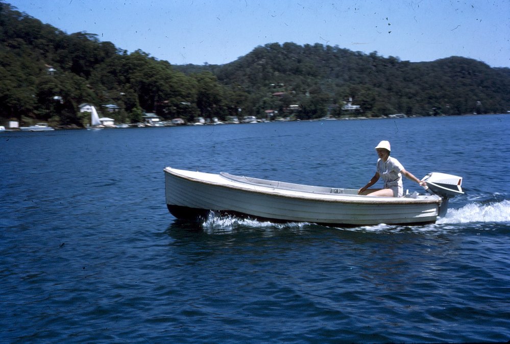 Margaret Pilgrim motoring across Pittwater, McCarrs Creek West