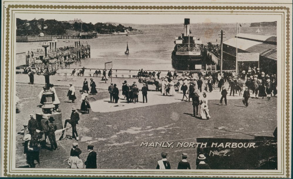Crowds gathered at Manly Wharf, with a passenger steamer in berth, Manly, c1900