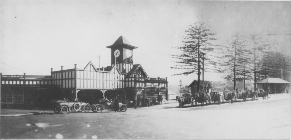 Manly Wharf, Clock Tower and bus sheds, Manly, 1919