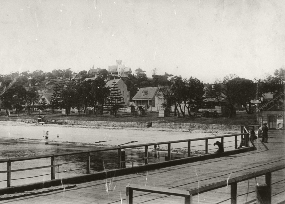 Manly Wharf and West Esplanade Reserve, with Dalley's Castle and houses, Manly, c1888
