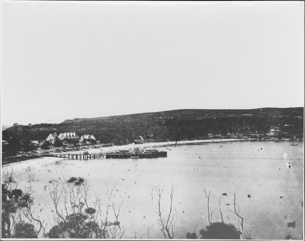 View facing east over Manly Cove showing Manly Wharf with a paddle steamer and nearby buildings, c1875 to c1879