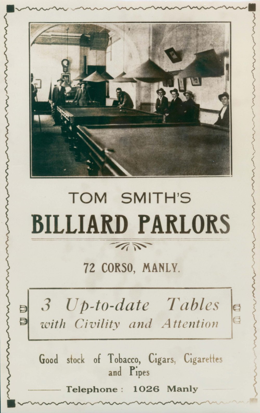Advertisement for Tom Smith's billiard parlors, 72 Corso, Manly, c1912