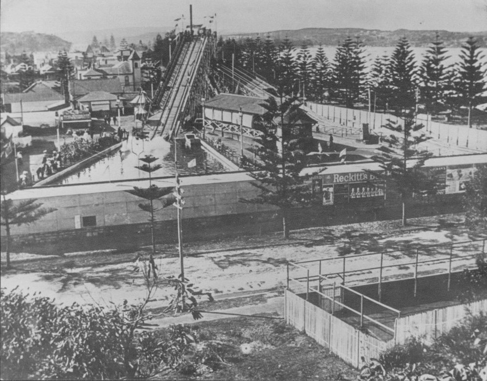 Water chute and man made lake, South Steyne and Ashburner Street, Manly, c 1904