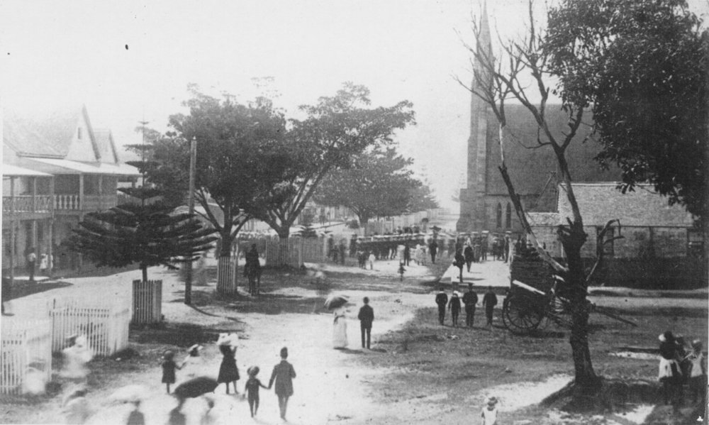 View northeast, of people on their way to celebrate Easter at St Matthew's Church, The Corso, Manly, c1885