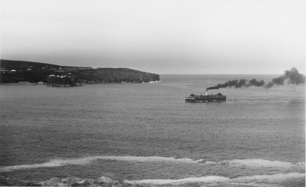 Ferry approaching North Head with smoke pouring from its funnel, Manly, c1915