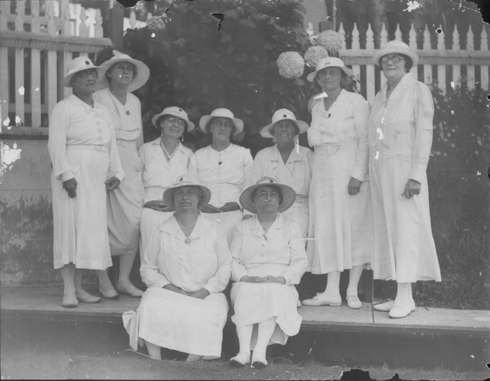 Group portrait of the Manly Women's Bowling Club, location unknown, c1930s