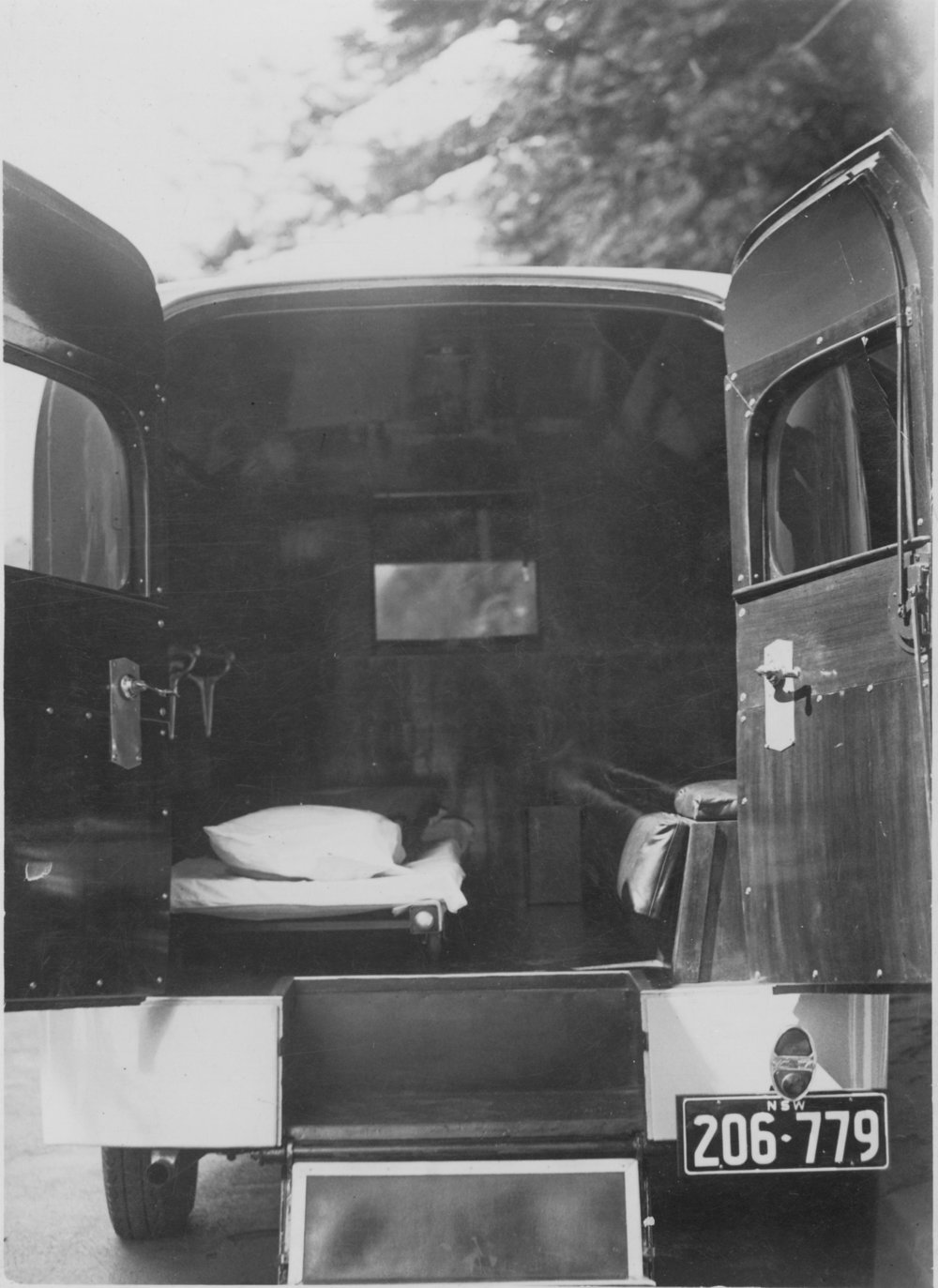 Interior of the first steel ambulance, Raglan Street Ambulance Station, Manly, c1930s