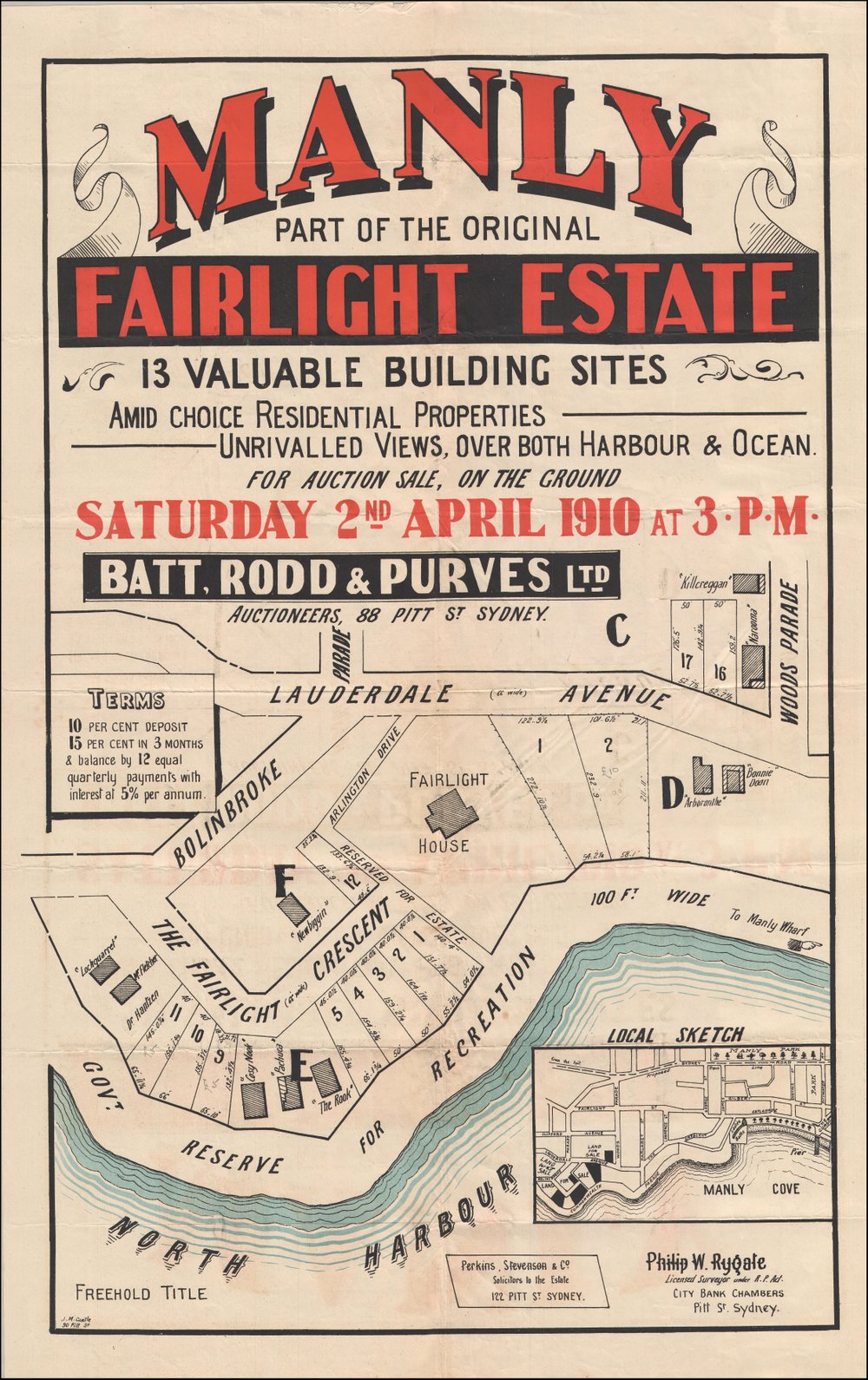 Part of original Fairlight Estate, Manly, 1910: Subdivision Plan