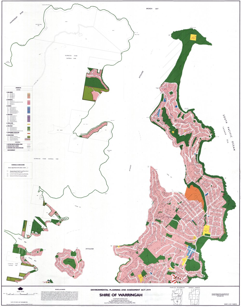 Warringah Shire composite zoning map from Newport to Palm Beach 1985