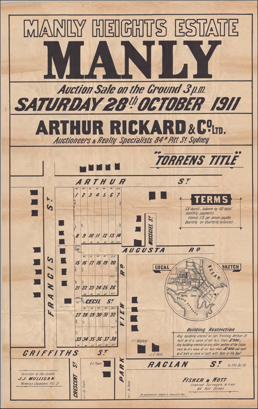 Manly Heights Estate, Manly, 28 October 1911: Subdivision Plan