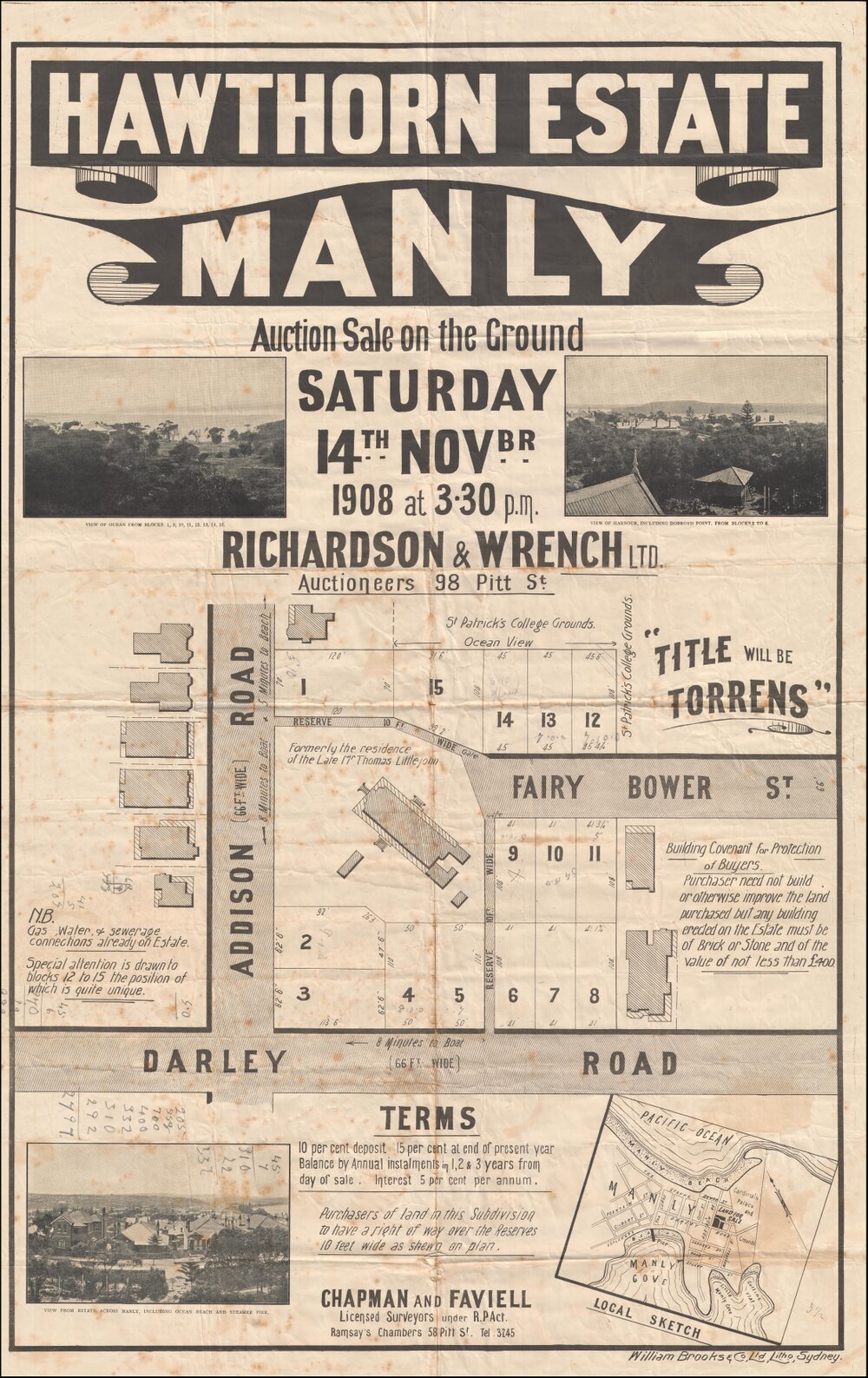 Hawthorn Estate, Manly, 14 November 1908: Subdivision Plan