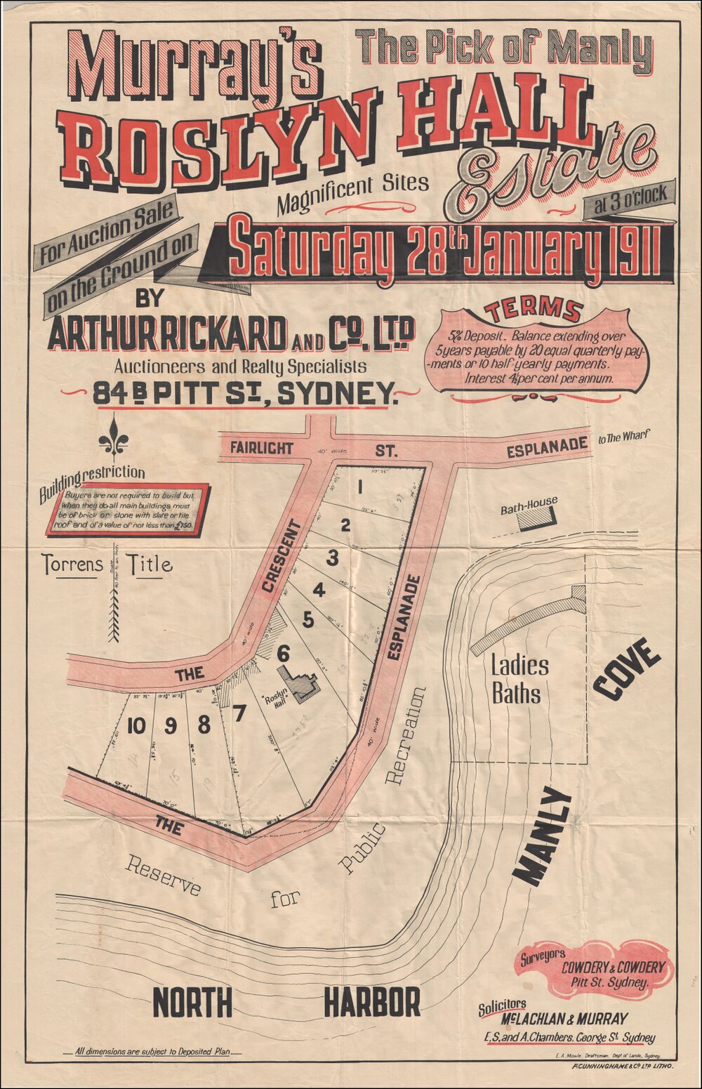 Roslyn Hall Estate, Manly, 28 January 1911: Subdivision Plan