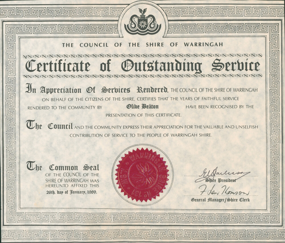 Certificate of Outstanding Service from the Council of the Shire of Warringah
