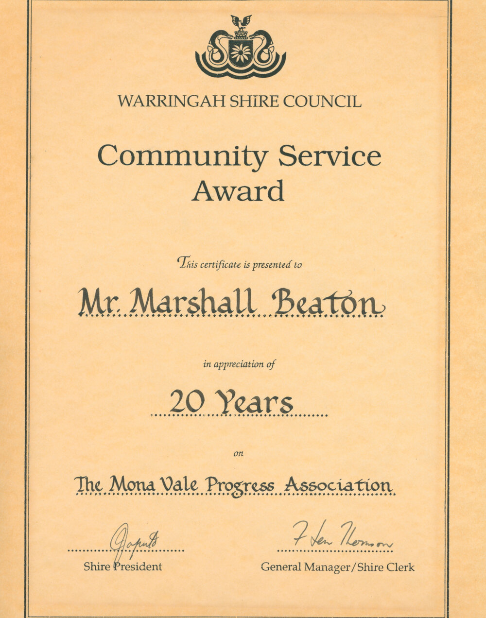 Warringah Shire Council Community Service Award
