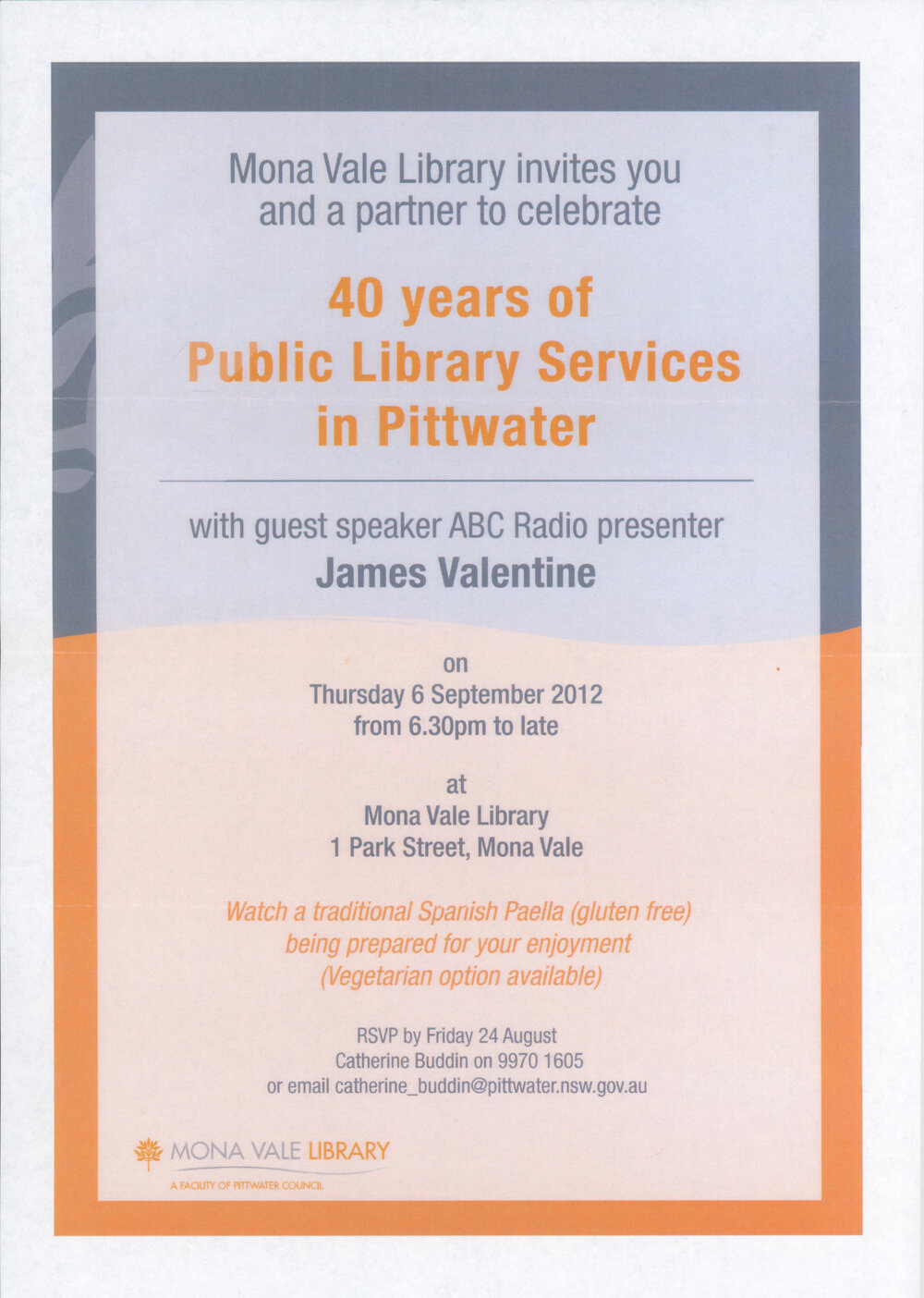 Invitation to the 40th anniversary of the establishment of Mona Vale Library