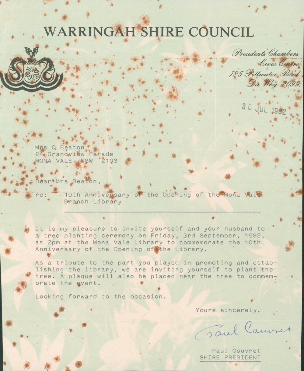 Invitation to tree planting ceremony to celebrate the 10th anniversary of Mona Vale Library