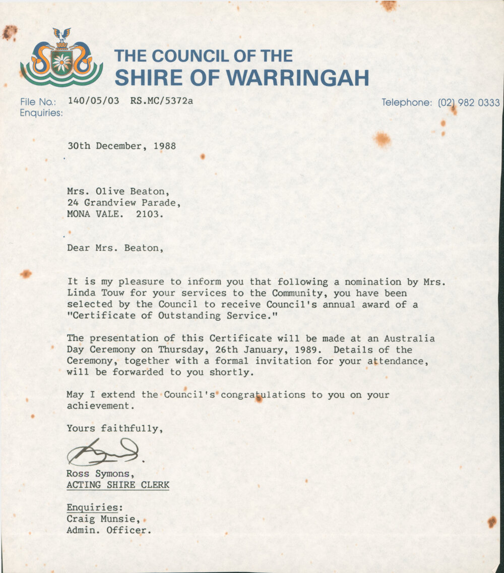 Letter confirming the awarding of a Certificate of Outstanding Service 