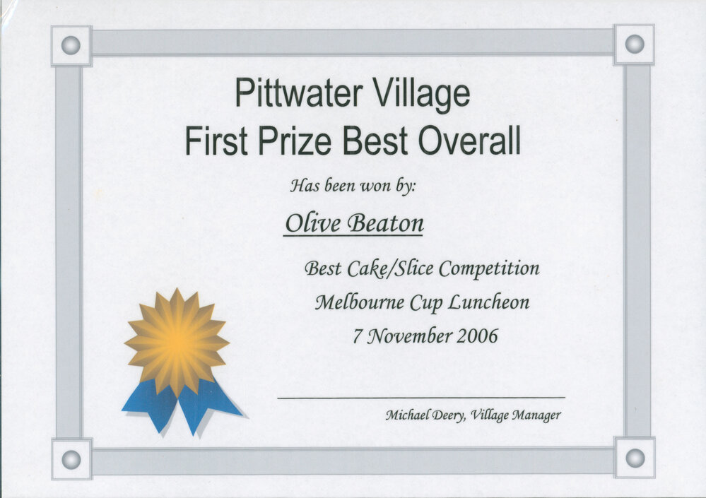 Pittwater Village First prize best cake competition 