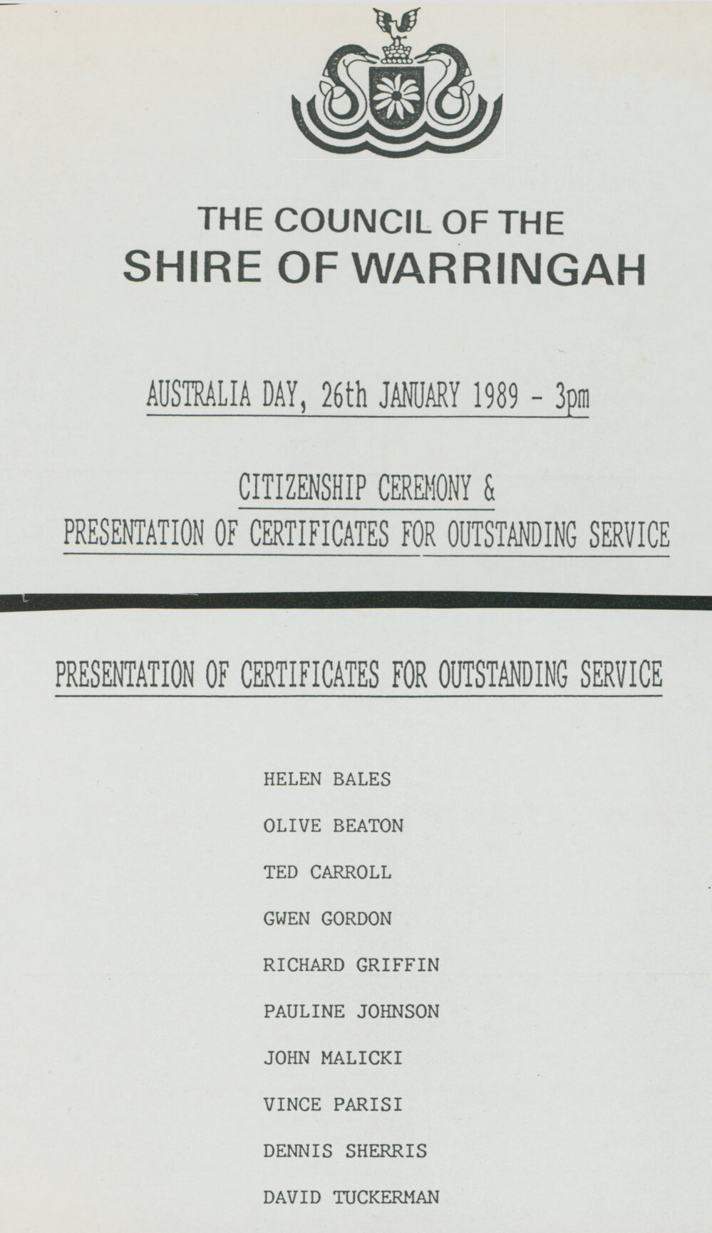 Warringah Council Citizenship ceremony and presentation of certificates for outstanding service