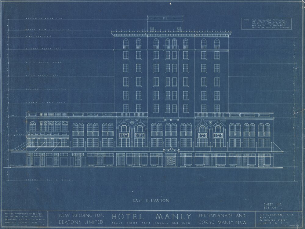 Hotel Manly technical drawing blueprints 1923, 1 of 9