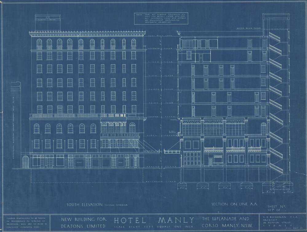 Hotel Manly technical drawing blueprints 1923, South Elevation, 3 of 9