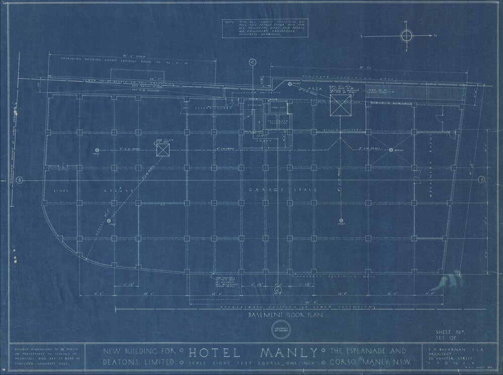 Hotel Manly technical drawing blueprints 1923, Basement Floor Plan, 4 of 9