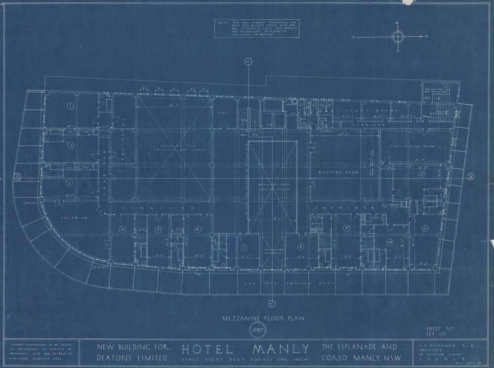 Hotel Manly technical drawing blueprints 1923, Mezzanine Floor Plan, 6 of 9