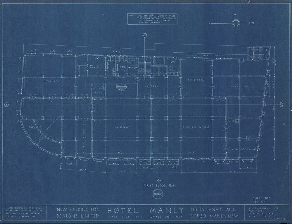 Hotel Manly technical drawing blueprints 1923, First Floor Plan, 7 of 9