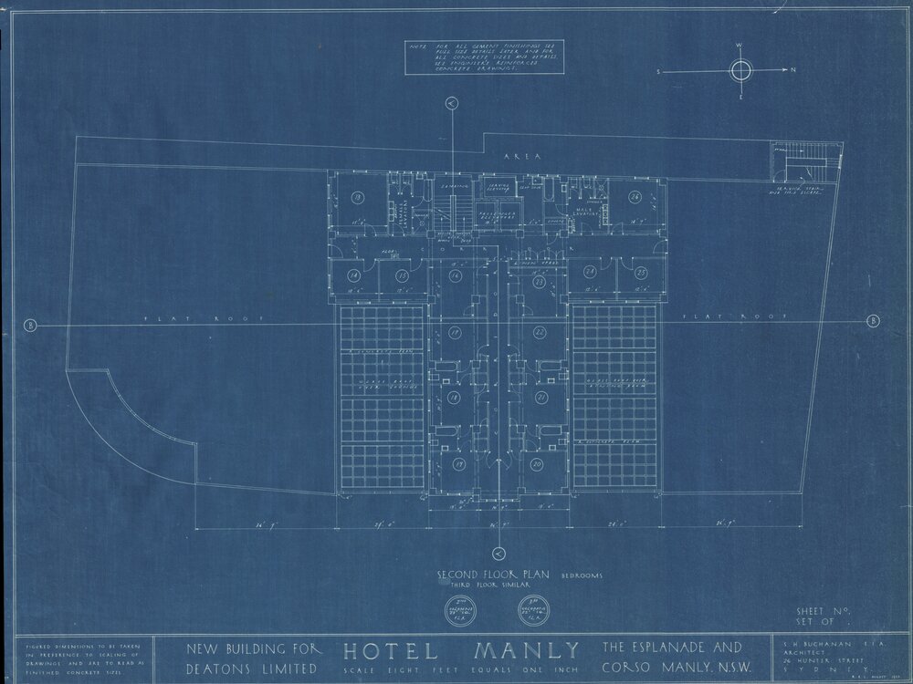 Hotel Manly technical drawing blueprints 1923, Second Floor Plan, 8 of 9