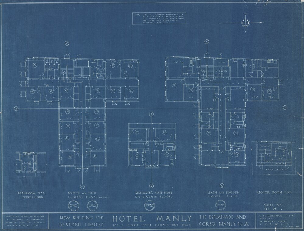 Hotel Manly technical drawing blueprints 1923, Fourth to Seventh Floor Plan, 9 of 9