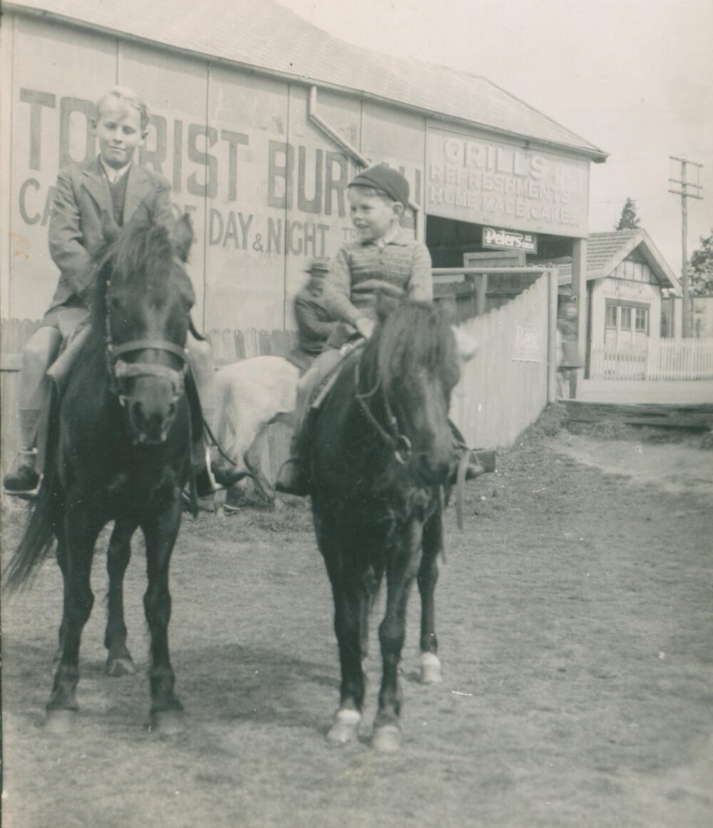 Ken and Terry Carter riding horses at Blackheath, New South Wales.