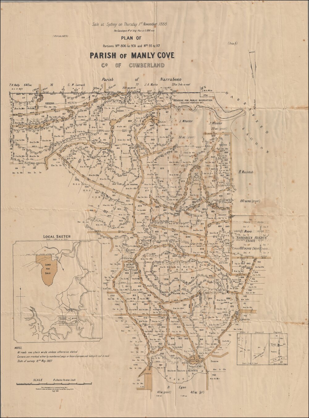 Parish of Manly Cove, Crown land sale, 147 portions, Manly, 1888: Subdivision Plan