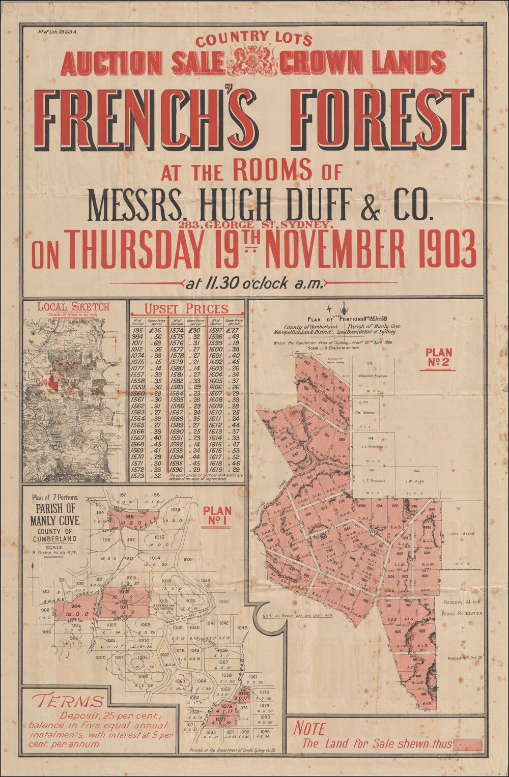 Frenchs Forest, Crown land sale, Parish of Manly Cove, 1903: Subdivision Plan