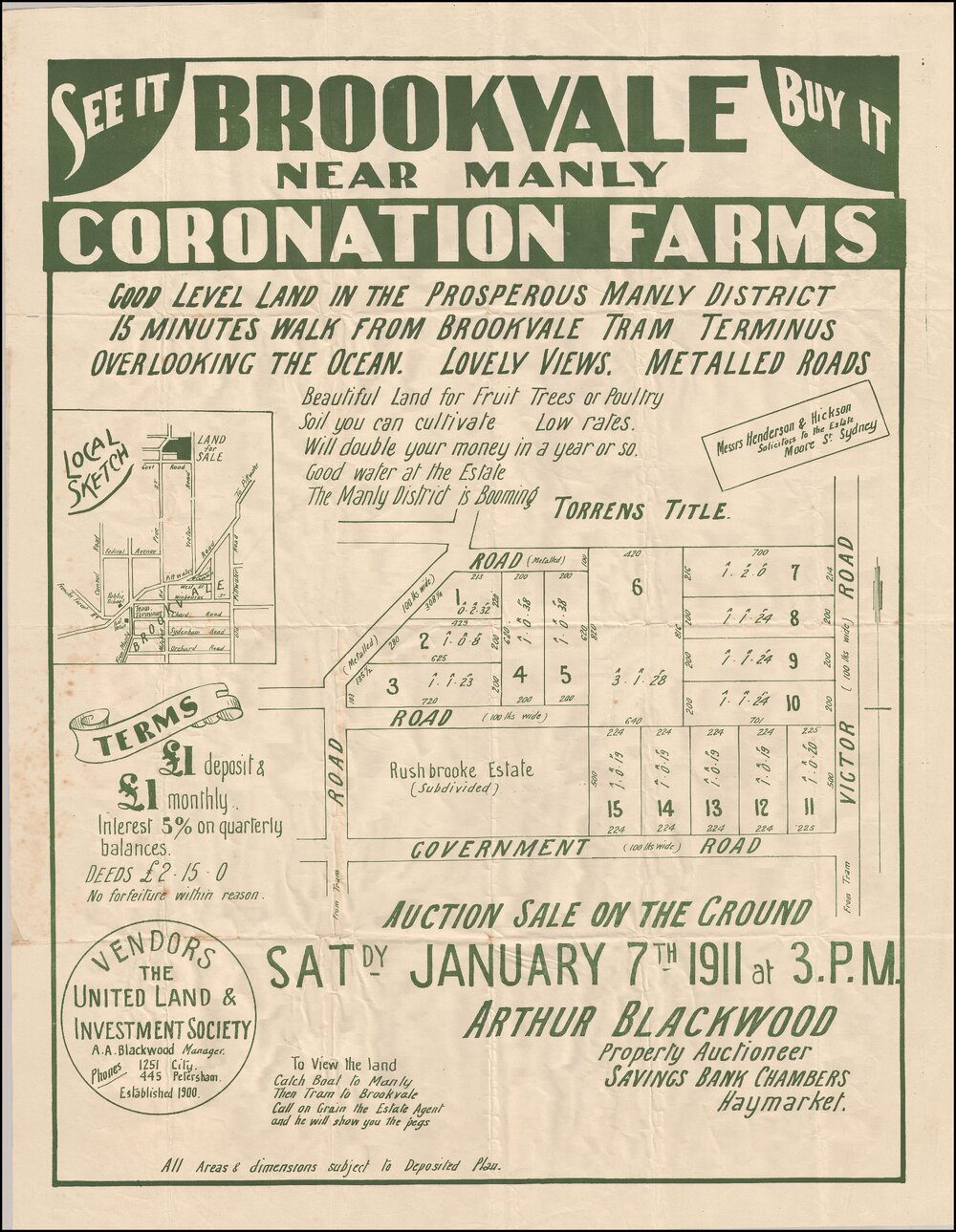 Coronation Farms, Brookvale, 1911: Subdivision Plan