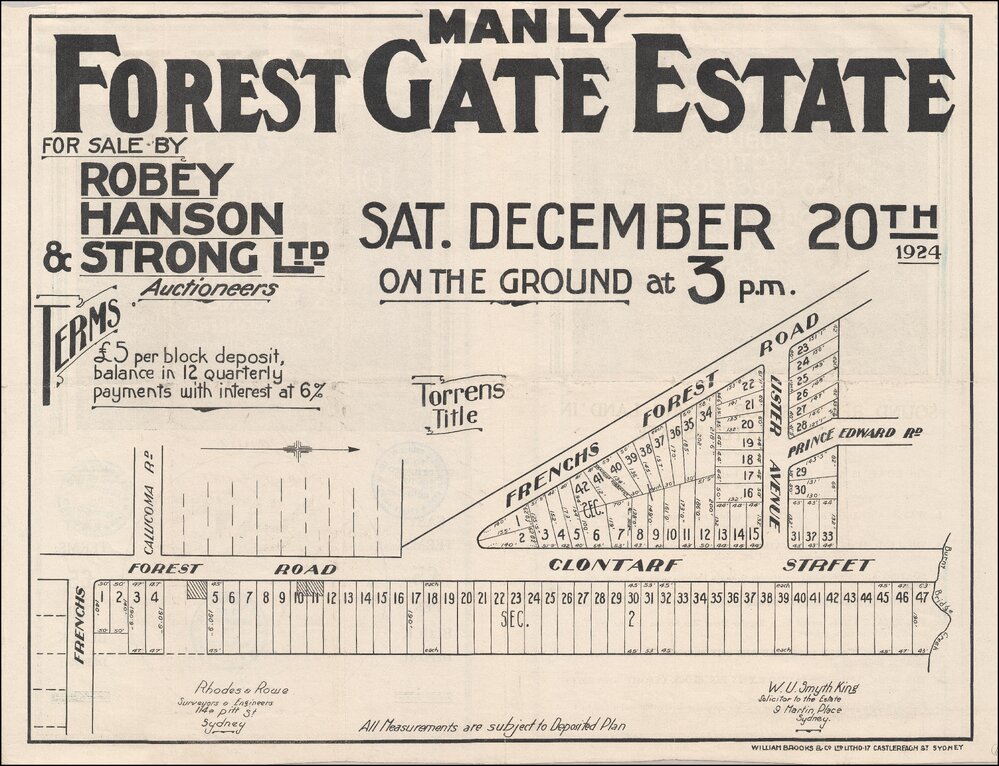 Forest Gate Estate, Manly, 1924: Subdivision Plan
