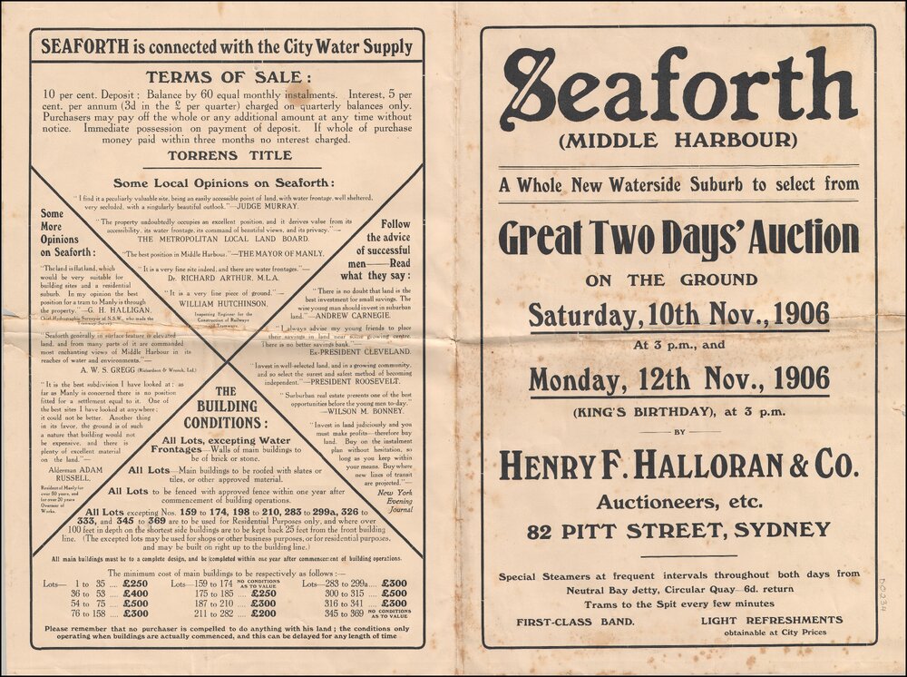 Seaforth, Middle Harbour, 1906: Subdivision Plan Auction Program